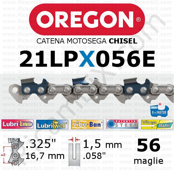 catena motosega Oregon 21LPX056E - passo .325 x 1,5 mm - 56 maglie - chisel - dente a scalpello quadro