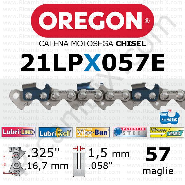 catena motosega Oregon 21LPX057E - passo .325 x 1,5 mm - 57 maglie - chisel - dente a scalpello quadro