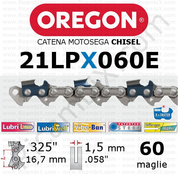 catena motosega Oregon 21LPX060E - passo .325 x 1,5 mm - 60 maglie - chisel - dente a scalpello quadro