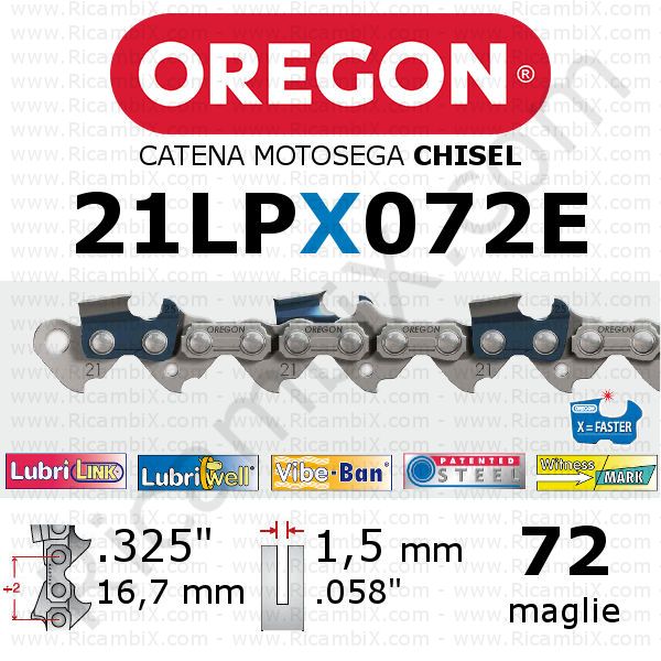 catena motosega Oregon 21LPX072E - passo .325 x 1,5 mm - 72 maglie - chisel - dente a scalpello quadro