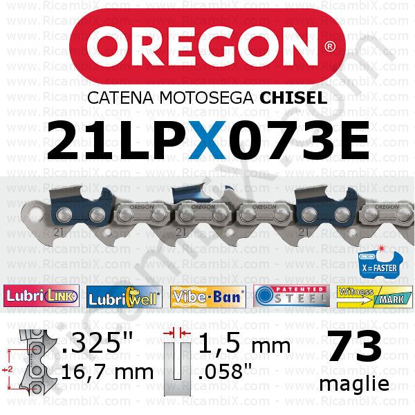 catena motosega Oregon 21LPX073E - passo .325 x 1,5 mm - 73 maglie - chisel - dente a scalpello quadro