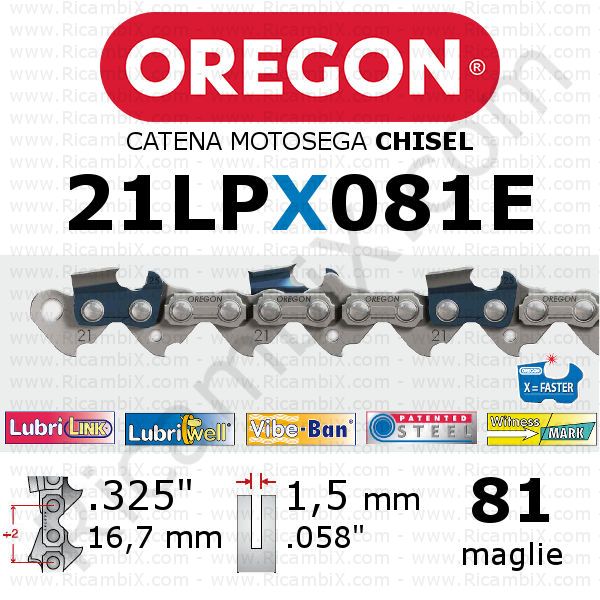 catena motosega Oregon 21LPX081E - passo .325 x 1,5 mm - 81 maglie - chisel - dente a scalpello quadro