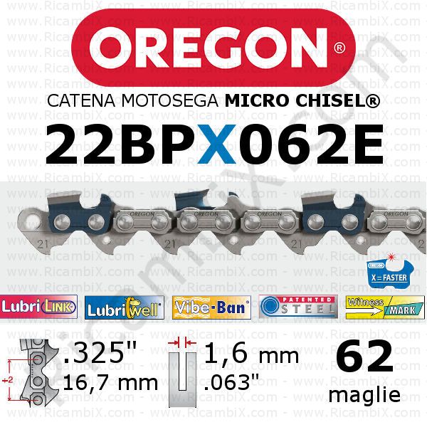 catena motosega Oregon 22BPX062E - passo .325 x 1,6 mm - 62 maglie - micro-chisel