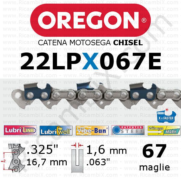 catena motosega Oregon 22LPX067E - passo .325 x 1,6 mm - 67 maglie - chisel - dente quadro