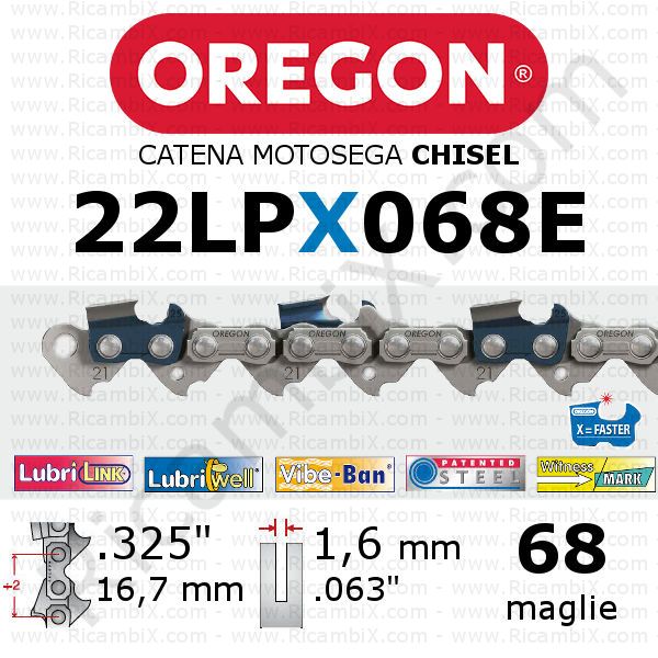 catena motosega Oregon 22LPX068E - passo .325 x 1,6 mm - 68 maglie - chisel - dente quadro