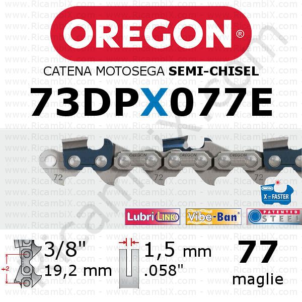 catena motosega Oregon 73DPX077E - passo 3/8 x 1,5 mm - 77 maglie - semi-chisel