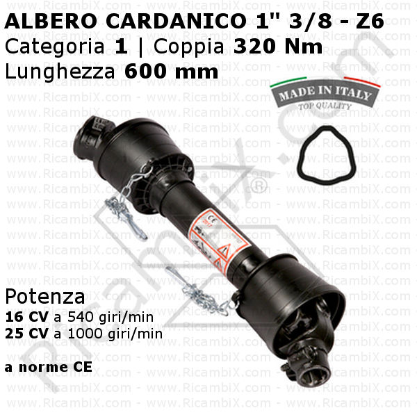 Albero cardanico a norma CE - categoria 1 - 320 Nm - Lunghezza 600 mm