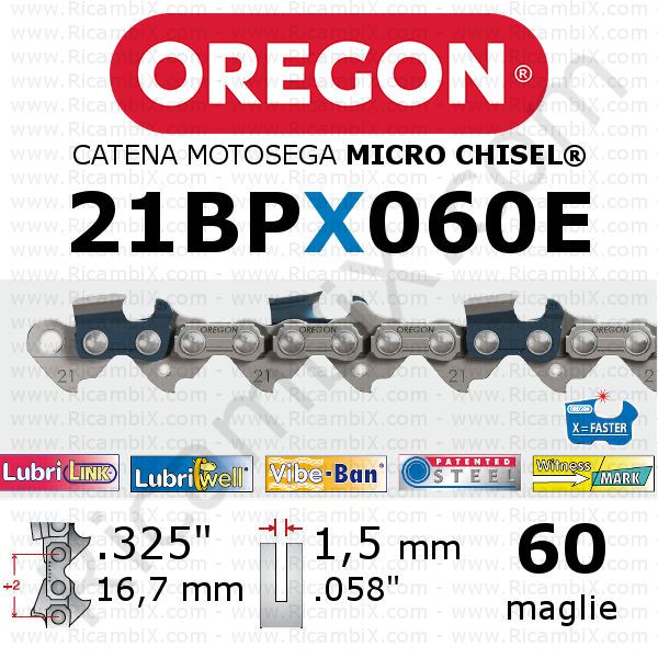 catena motosega Oregon 21BPX060E - passo .325 x 1,5 mm - 60 maglie - micro-chisel