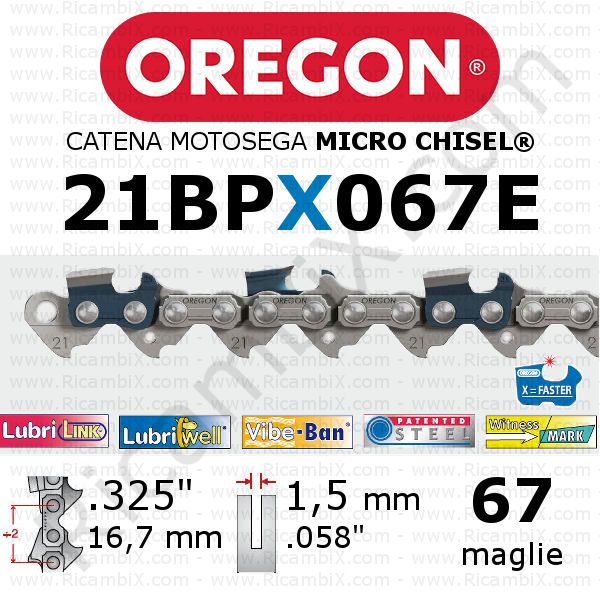 catena motosega Oregon 21BPX067E - passo .325 x 1,5 mm - 67 maglie - micro-chisel