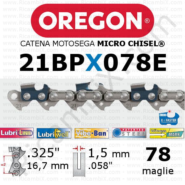 catena motosega Oregon 21BPX078E - passo .325 x 1,5 mm - 78 maglie - micro-chisel