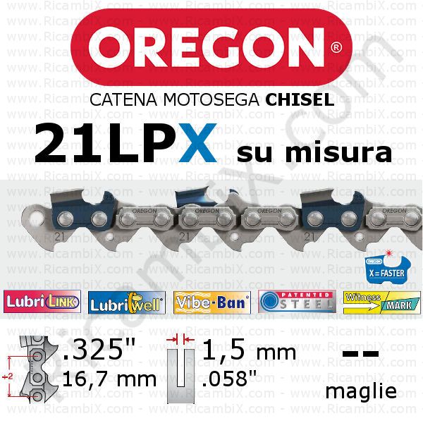 catena motosega Oregon 21LPX - passo .325 x 1,5 mm - su misura - chisel - dente a scalpello quadro
