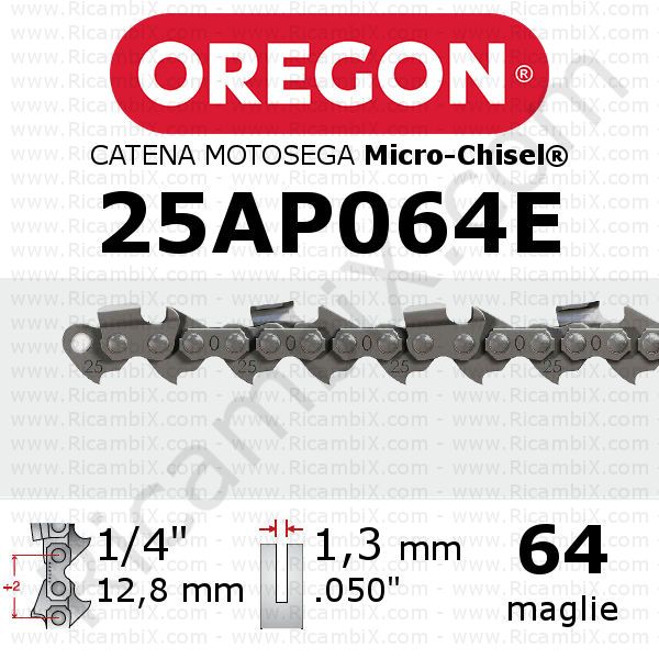 catena motosega Oregon 25AP064E - passo 1/4 di pollice x 1,3 mm  - 64 maglie - micro-chisel