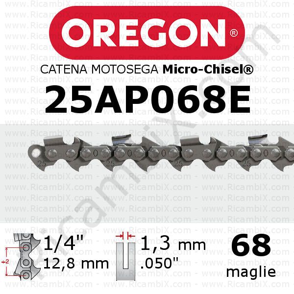 catena motosega Oregon 25AP068E - passo 1/4 di pollice x 1,3 mm  - 68 maglie - micro-chisel