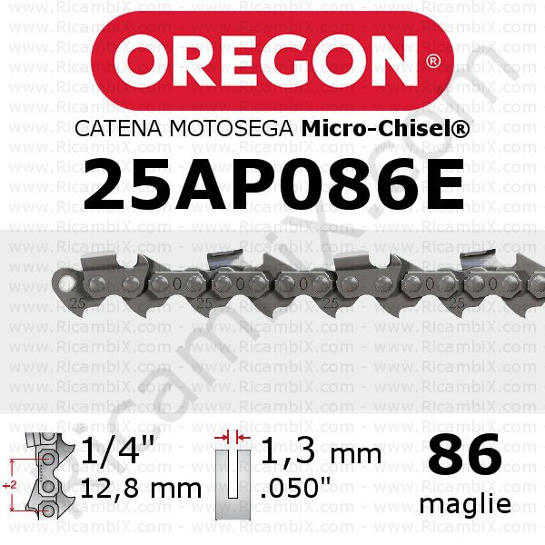 catena motosega Oregon 25AP086E - passo 1/4 di pollice x 1,3 mm  - 86 maglie - micro-chisel