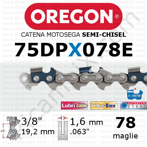 catena motosega Oregon 75DPX078E - passo 3/8 x 1,6 mm - 78 maglie - semi-chisel