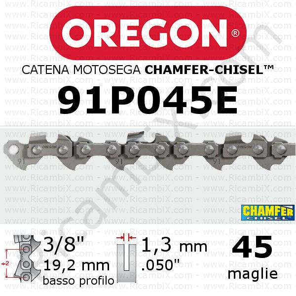 catena motosega Oregon 91P045E - 3/8 x 1,3 mm basso profilo - 45 maglie - chamfer-chisel