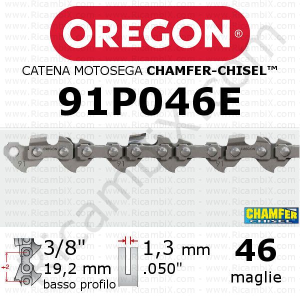 catena motosega Oregon 91P046E - 3/8 x 1,3 mm basso profilo - 46 maglie - chamfer-chisel