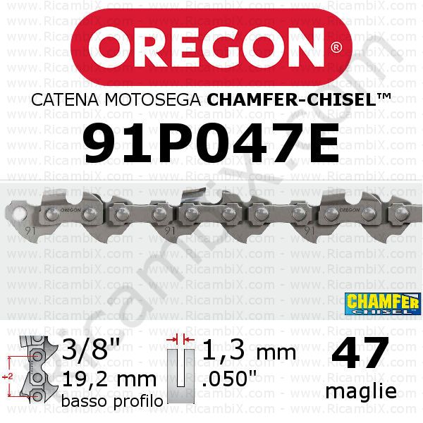 catena motosega Oregon 91P047E - 3/8 x 1,3 mm basso profilo - 47 maglie - chamfer-chisel