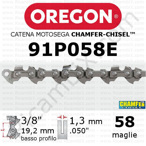 catena motosega Oregon 91P058E - 3/8 x 1,3 mm basso profilo - 58 maglie - chamfer-chisel
