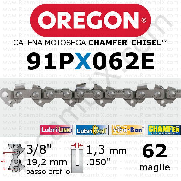 catena motosega Oregon 91PX062E - passo 3/8 x 1,3 mm basso profilo - 62 maglie - chamfer-chisel