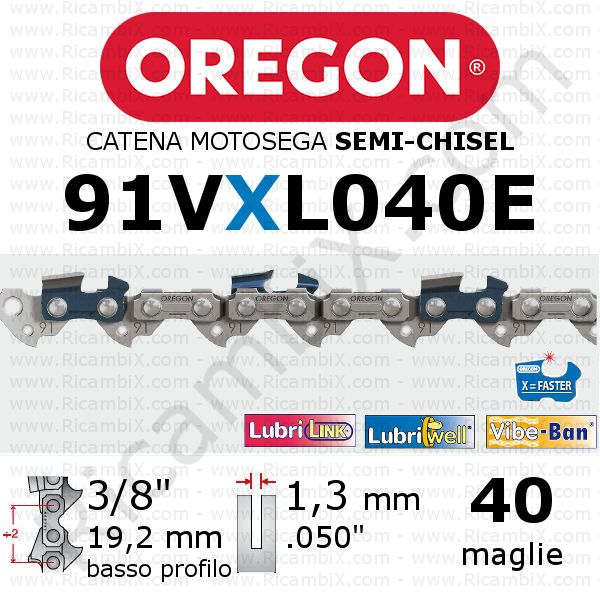 catena motosega Oregon 91VXL040E - 3/8 x 1,3 mm basso profilo - 40 maglie - semi-chisel