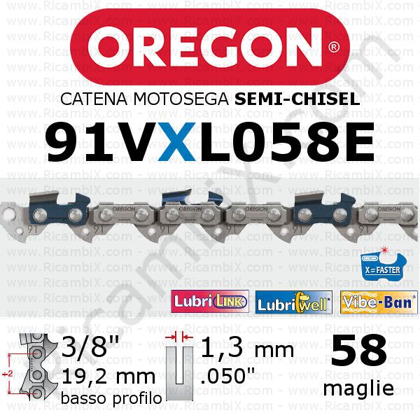 catena motosega Oregon 91VXL058E - 3/8 x 1,3 mm basso profilo - 58 maglie - semi-chisel
