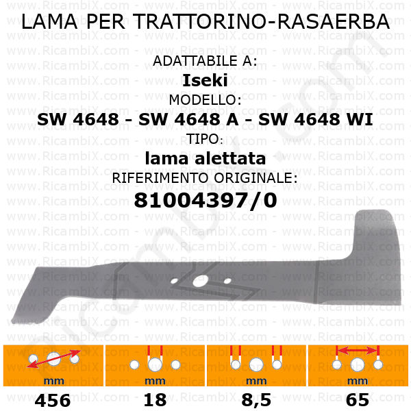 Lama per trattorino - rasaerba Iseki SW 4648 - SW 4648 A - SW 4648 WI - alettata - rif. orig. 81004397/0