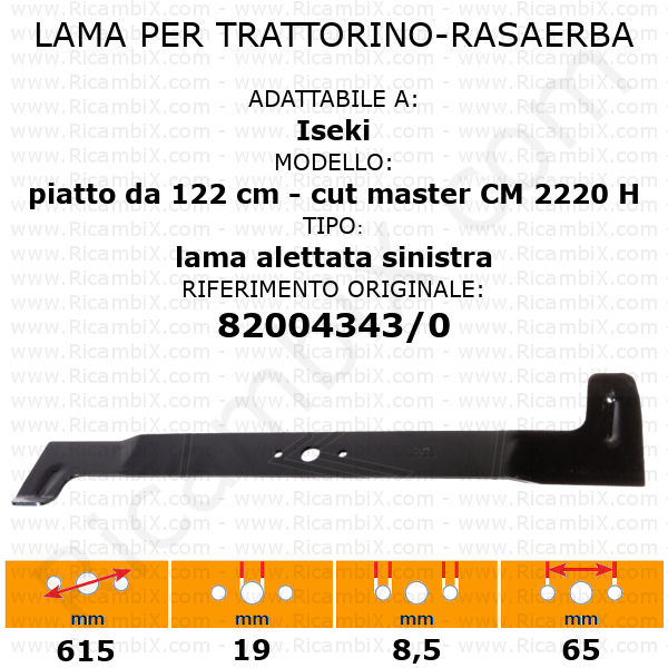 Lama per trattorino - rasaerba Iseki piatto da 122 cm - cut master - CM 2220 H - alettata sinistra - rif. orig. 82004343/0