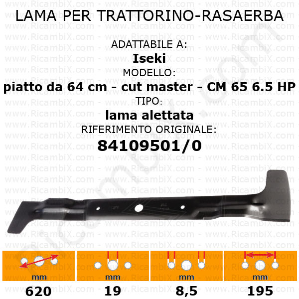 Lama per trattorino - rasaerba Iseki piatto da 64 cm - cut master - CM 65 - 6.5 HP - alettata - rif. orig. 84109501/0