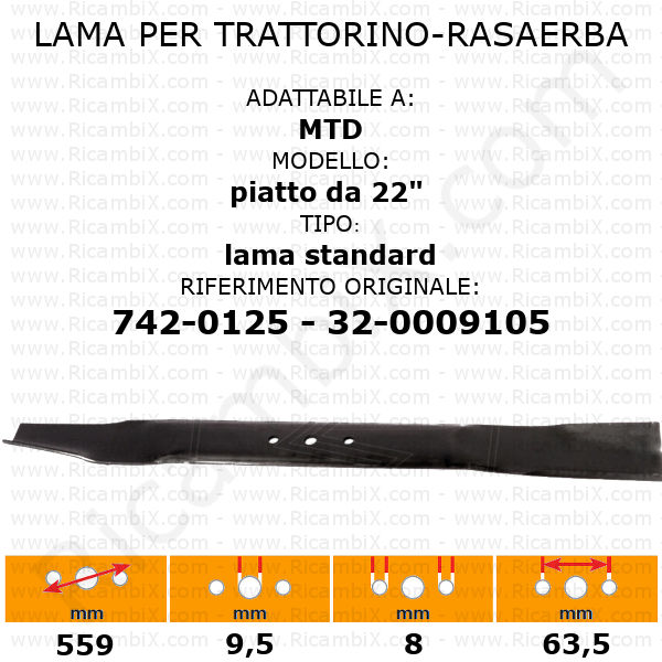 Lama per trattorino - rasaerba MTD piatto da 22" standard - rif. orig. 742-0125 - 32-0009105