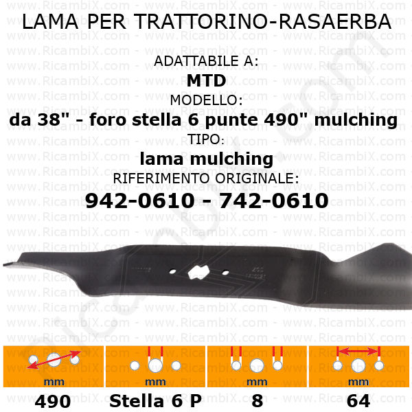 Lama per trattorino - rasaerba MTD da 38" foro stella 6 punte mulching - rif. orig. 942-0610 - 742-0610