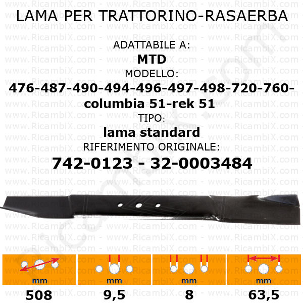 Lama per trattorino - rasaerba MTD 476 - 487 - 490 - 494 - 496 - 497 - 498 - 720 - 760 - 51 - REK51 standard - rif. orig. 742-0123 - 32-0003484