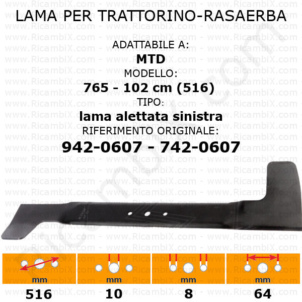 Lama per trattorino - rasaerba MTD 765 - 102 cm - alettata sinistra (516) - rif. orig. 942-0607 - 742-0607