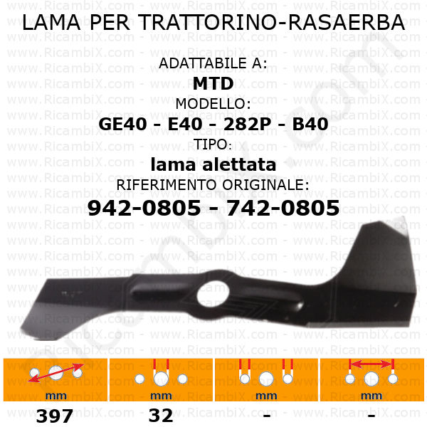 Lama per trattorino - rasaerba MTD GE40 - E40 - 282P - B40 alettata - rif. orig. 942-0805 - 742-0805