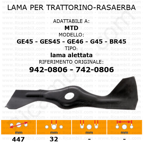 Lama per trattorino - rasaerba MTD GE45 - GES45 - GE46 - G45 - BR45 alettata - rif. orig. 942-0806 - 742-0806