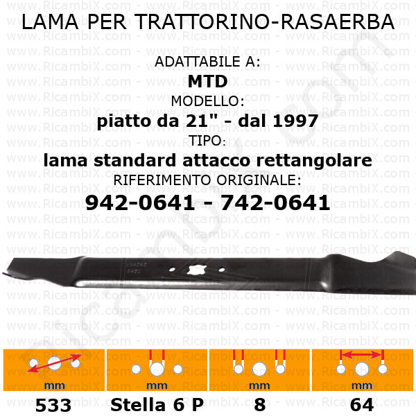 Lama per trattorino - rasaerba MTD piatto da 21" dal 1997 attacco rettangolare - standard - rif. orig. 942-0641 - 742-0641