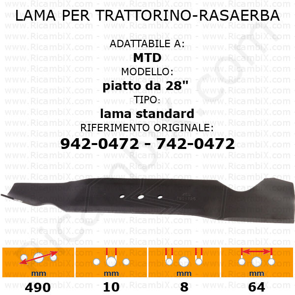 Lama per trattorino - rasaerba MTD piatto da 28" standard - rif. orig. 942-0472 - 742-0472