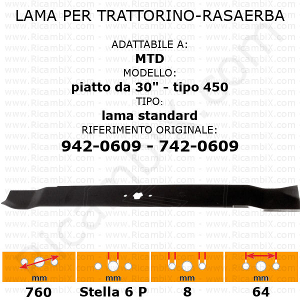 Lama per trattorino - rasaerba MTD piatto da 30" tipo 450 standard - rif. orig. 942-0609 - 742-0609
