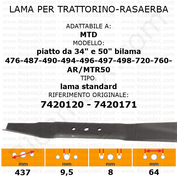 Lama per trattorino - rasaerba MTD piatto da 34" e 50" bilama 476 - 487 - 490 - 494 - 496 - 497 - 498 - 720 - 760 - AR/MTR50 standard - rif. orig. 7420120 - 7420171