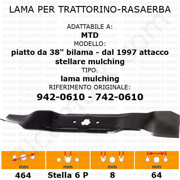 Lama per trattorino - rasaerba MTD piatto da 38" bilama dal 1997 attacco stellare mulching - rif. orig. 942-0610 - 742-0610