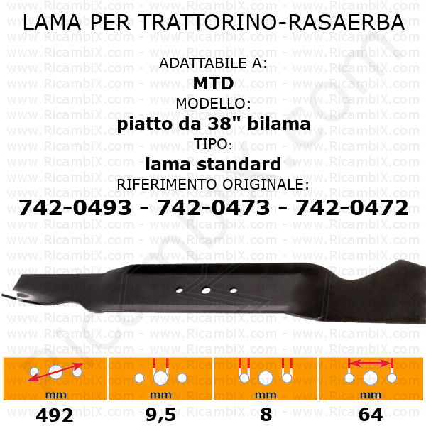 Lama per trattorino - rasaerba MTD piatto da 38" bilama standard - rif. orig. 742-0493 - 742-0473 - 742-0472