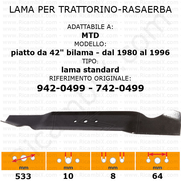Lama per trattorino - rasaerba MTD piatto da 42" bilama dal 1980 al 1996 standard - rif. orig. 942-0499 - 742-0499