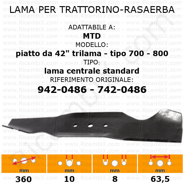 Lama per trattorino - rasaerba MTD piatto da 42" trilama tipo 700 - 800 centrale standard - rif. orig. 942-0486 - 742-0486