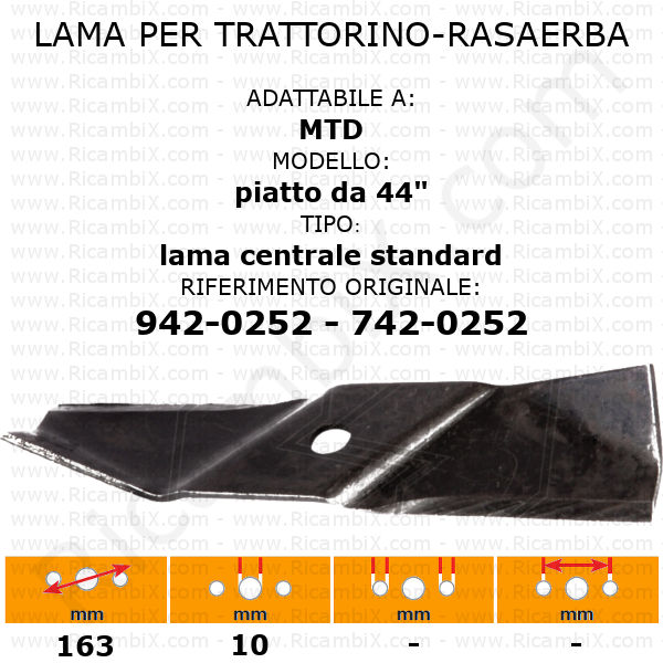 Lama per trattorino - rasaerba MTD piatto da 44" centrale standard - rif. orig. 942-0252 - 742-0252