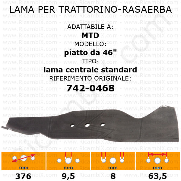 Lama per trattorino - rasaerba MTD piatto da 46" centrale standard - rif. orig. 742-0468