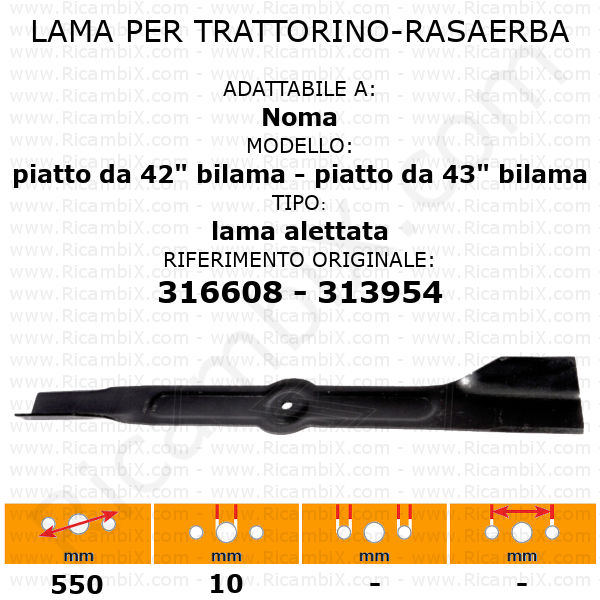 Lama per trattorino - rasaerba Noma piatto da 42" bilama - piatto da 43" bilama - lama alettata - rif. orig. 316608 - 313954