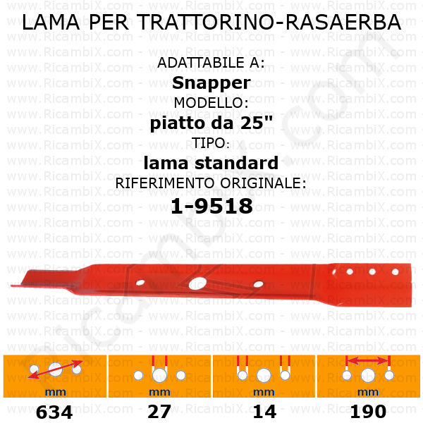 Lama per trattorino - rasaerba Snapper piatto da 25" - rif. orig. 1-9518
