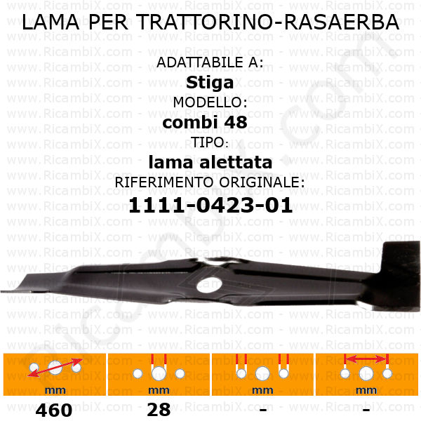 Lama per trattorino - rasaerba STIGA combi 48 - alettata - rif. orig. 1111-0423-01