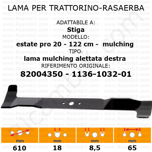 Lama per trattorino - rasaerba STIGA estate pro 20 - 122 cm - mulching alettata destra - rif. orig. 82004350 - 1136-1032-01