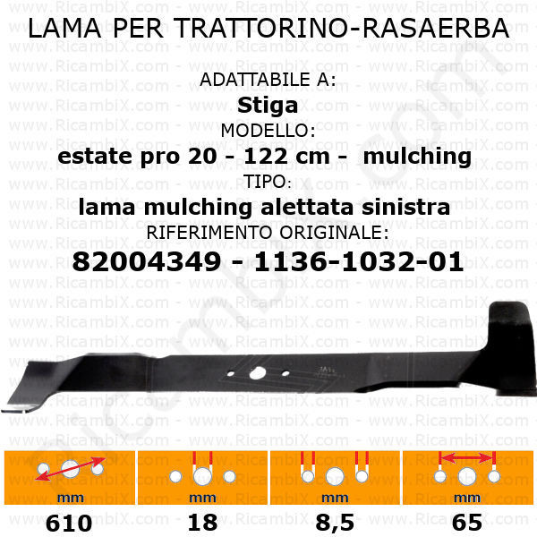 Lama per trattorino - rasaerba STIGA estate pro 20 - 122 cm - mulching alettata sinistra - rif. orig. 82004349 - 1136-1032-01